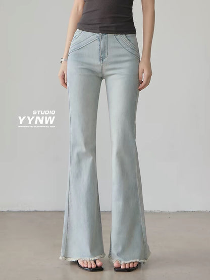 Women's American-style light blue raw-hem slight-flare jeans (2026 new summer collection): high-waisted, slim-fit, and flattering full-length bootcut style.