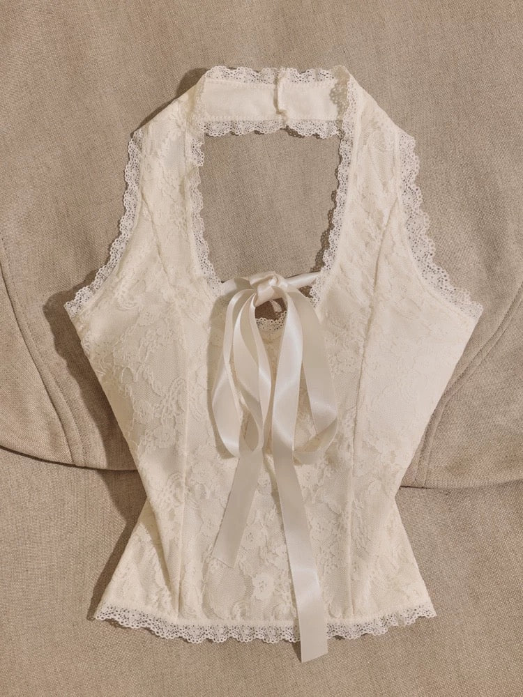 Sweet and spicy chic halter neck lace camisole for women with waist-hugging sexy short sleeveless top
