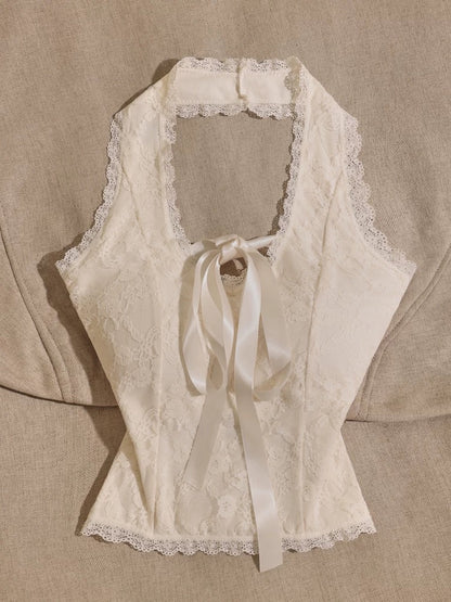 Sweet and spicy chic halter neck lace camisole for women with waist-hugging sexy short sleeveless top