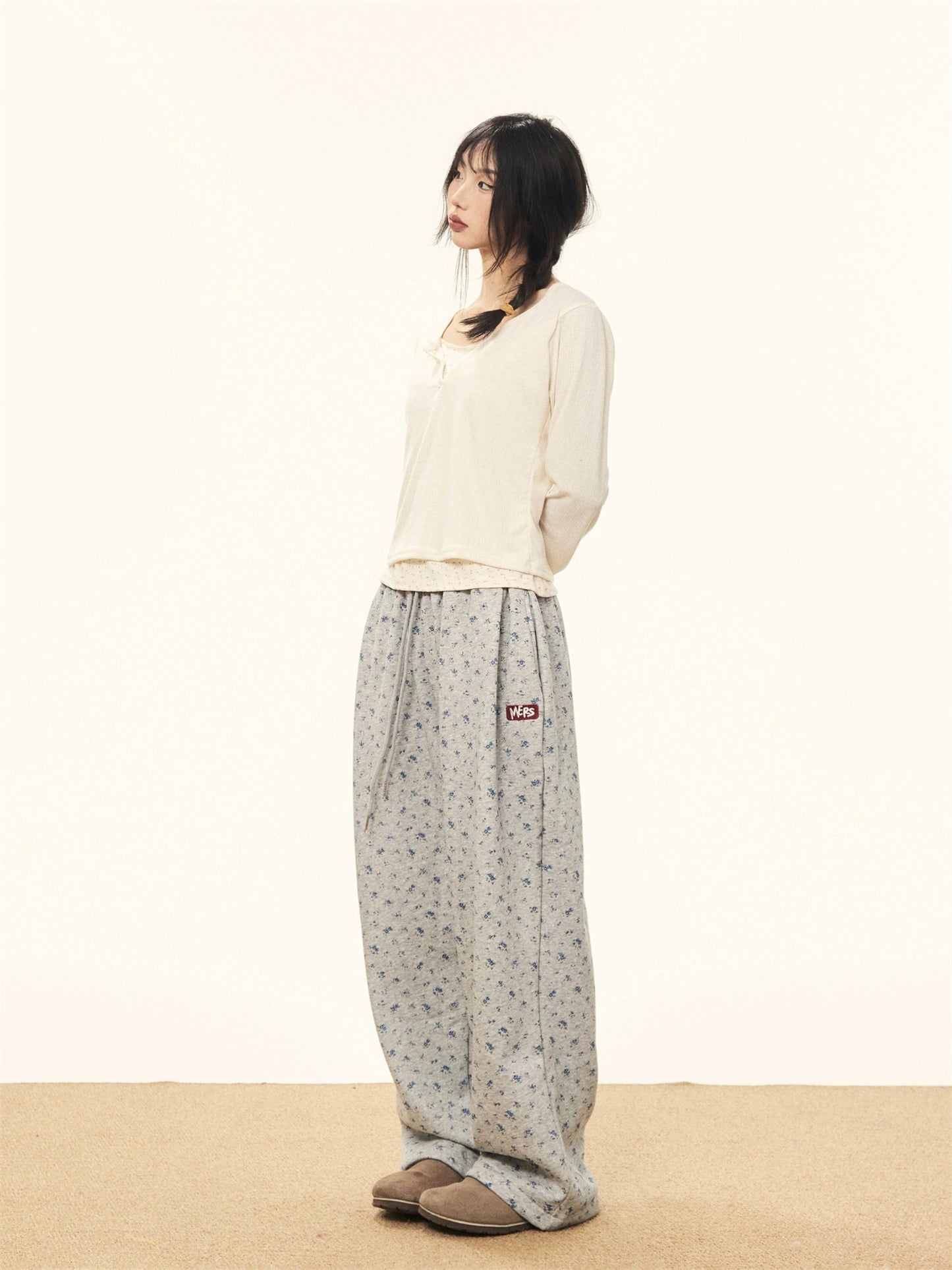 MAIKAO American retro small floral plus velvet wide-leg pants for women in winter, loose straight casual pants for small people