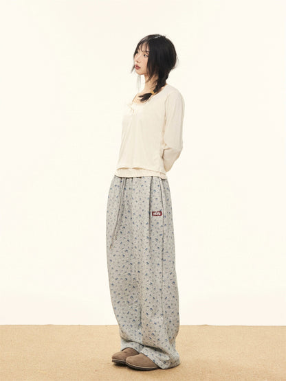 MAIKAO American retro small floral plus velvet wide-leg pants for women in winter, loose straight casual pants for small people