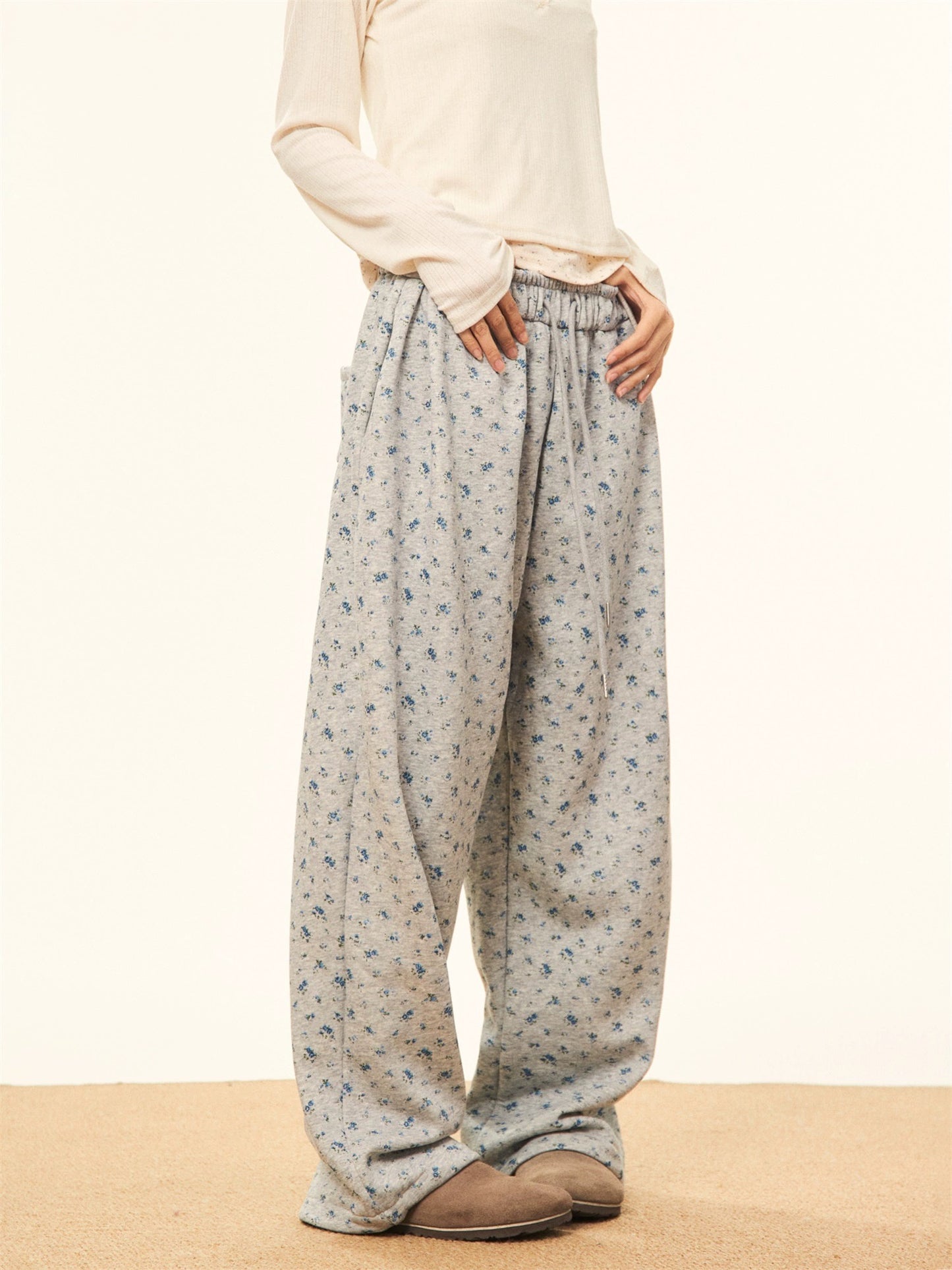 MAIKAO American retro small floral plus velvet wide-leg pants for women in winter, loose straight casual pants for small people