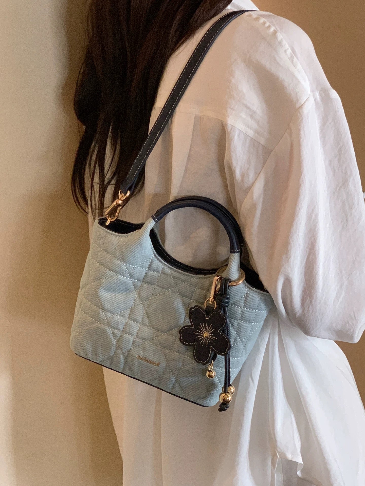 Chio2nd Blue Lemon Tote Bag for Women, Denim Blue Color Block Diamond Pattern Handbag/Shoulder/Crossbody Bag