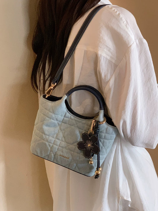 Chio2nd Blue Lemon Tote Bag for Women, Denim Blue Color Block Diamond Pattern Handbag/Shoulder/Crossbody Bag