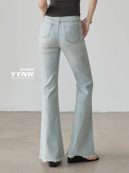 Women's American-style light blue raw-hem slight-flare jeans (2026 new summer collection): high-waisted, slim-fit, and flattering full-length bootcut style.