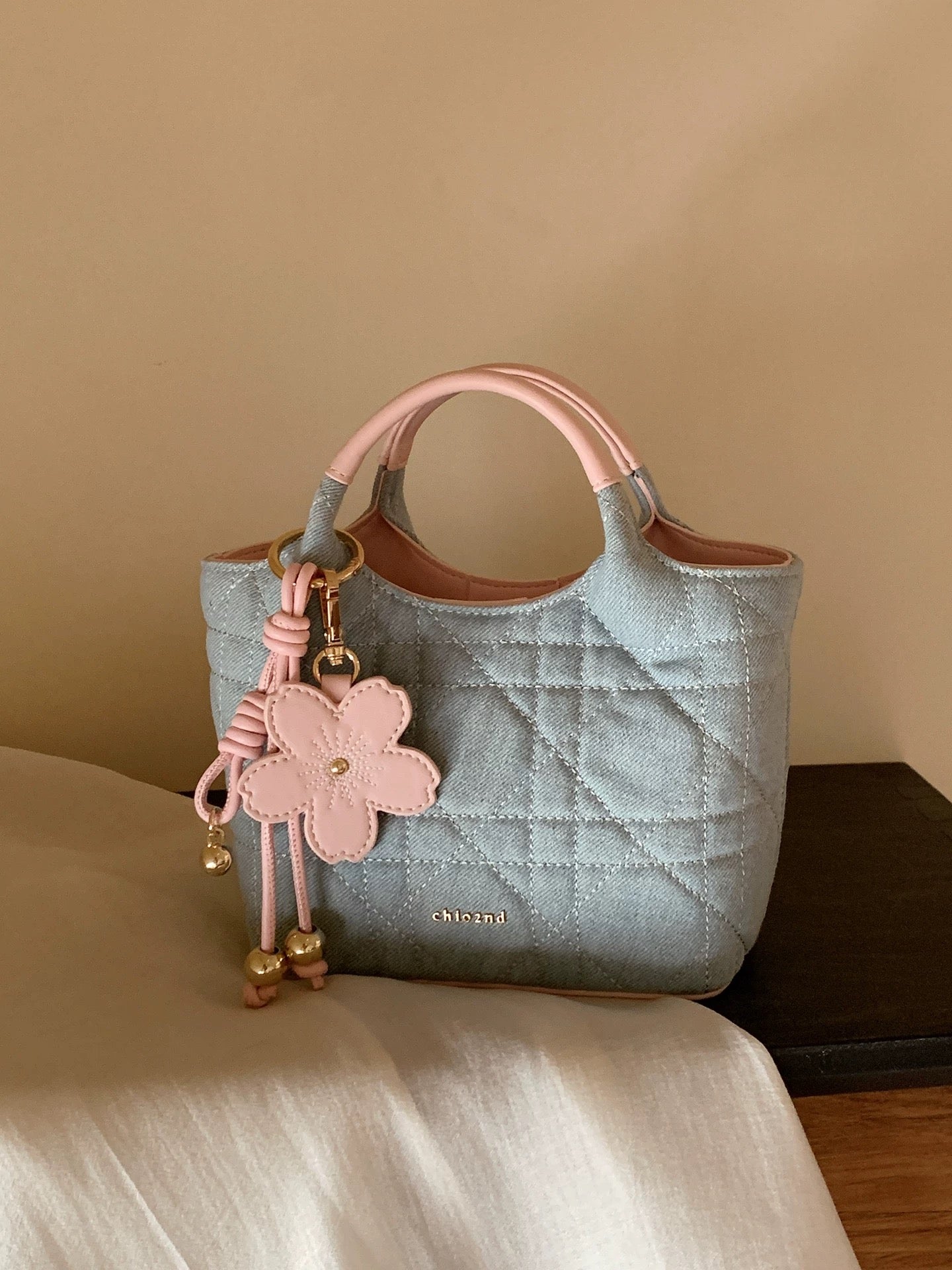 Chio2nd Blue Lemon Tote Bag for Women, Denim Blue Color Block Diamond Pattern Handbag/Shoulder/Crossbody Bag