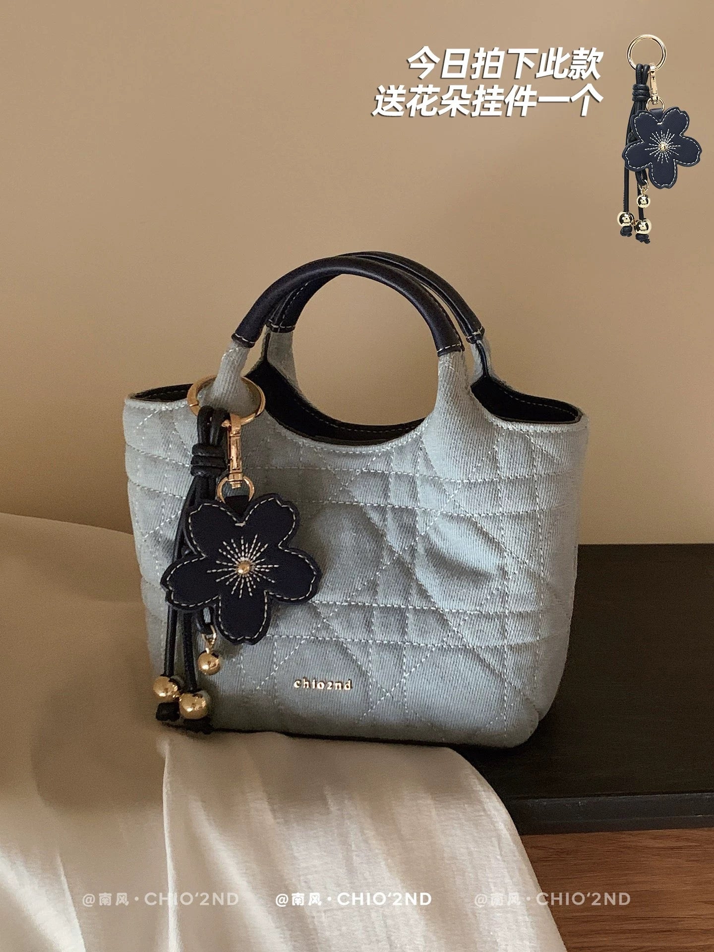Chio2nd Blue Lemon Tote Bag for Women, Denim Blue Color Block Diamond Pattern Handbag/Shoulder/Crossbody Bag