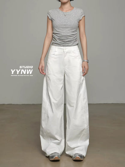 Women's American Retro White Wide-Leg Casual Pants – Summer 2026 New Arrival: High-Waisted, Loose, Slimming, Drapey "Scimitar" Cut Trousers