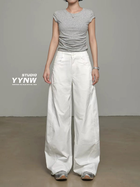 Women's American Retro White Wide-Leg Casual Pants – Summer 2026 New Arrival: High-Waisted, Loose, Slimming, Drapey "Scimitar" Cut Trousers