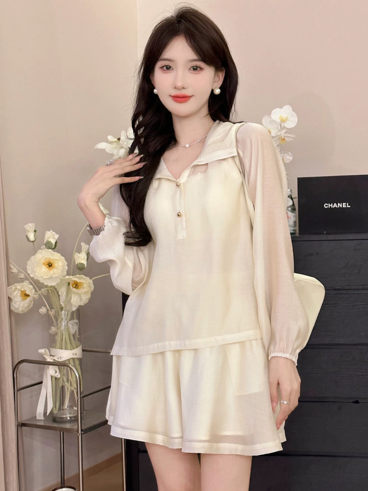 A Roast Goose [Memoir] White Chiffon Casual Versatile Suit for Women Summer 2024 Lazy Two-piece Set