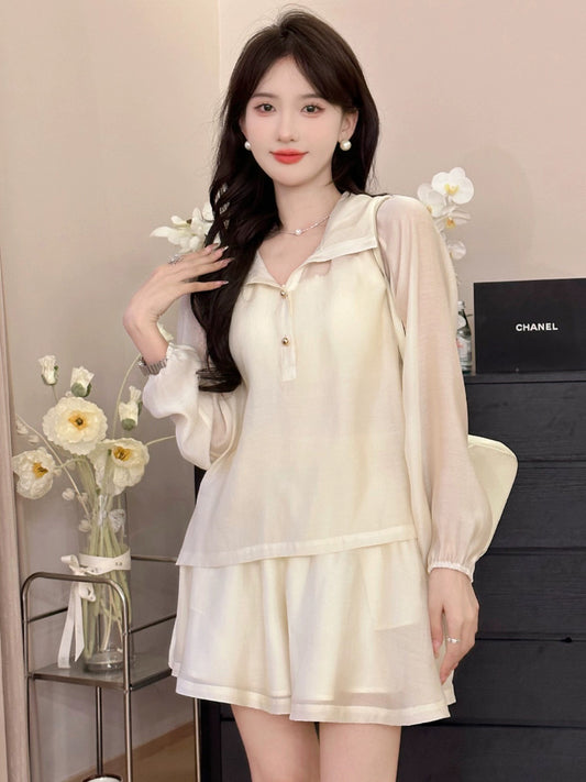 A Roast Goose [Memoir] White Chiffon Casual Versatile Suit for Women Summer 2024 Lazy Two-piece Set