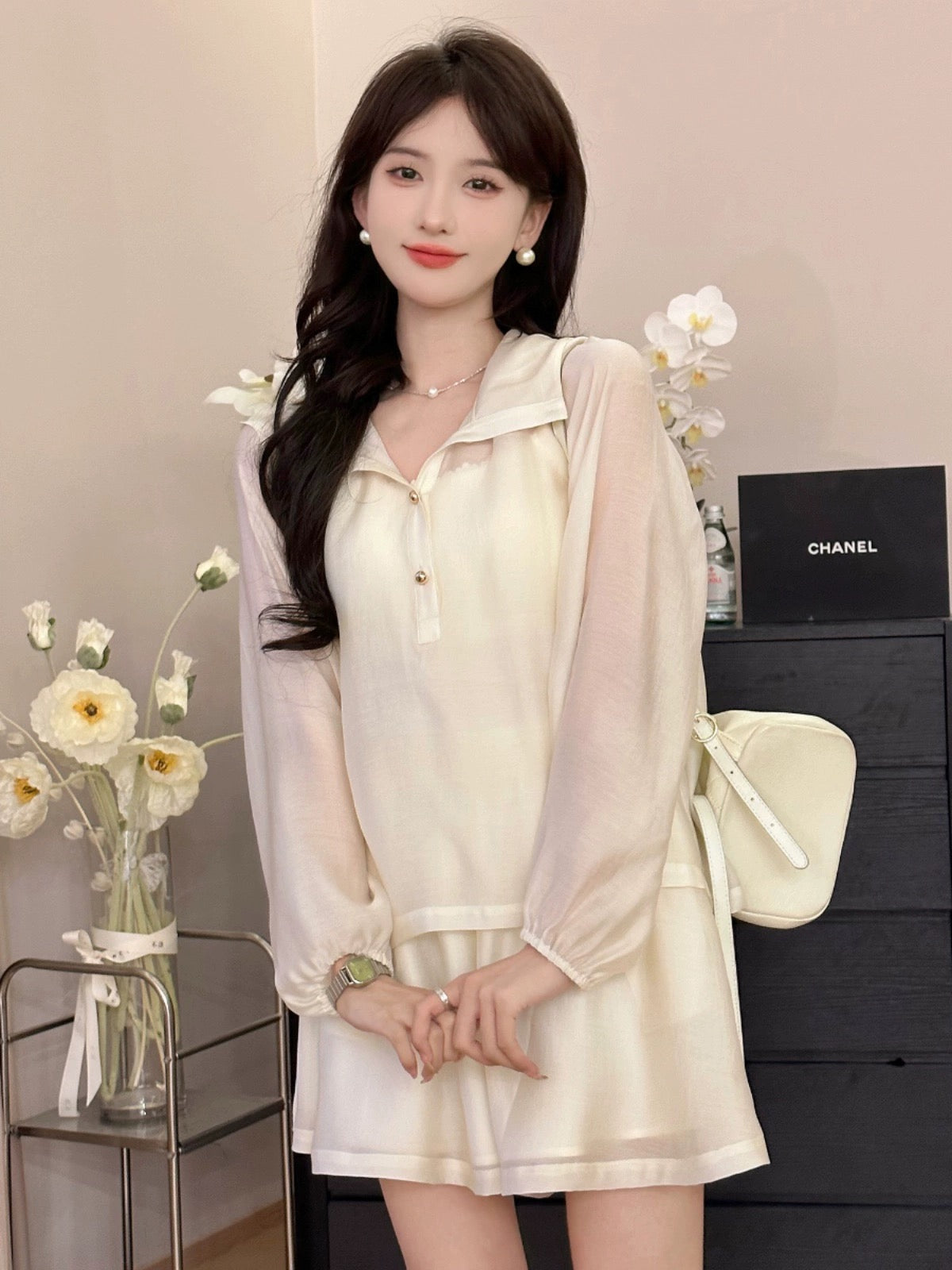 A Roast Goose [Memoir] White Chiffon Casual Versatile Suit for Women Summer 2024 Lazy Two-piece Set