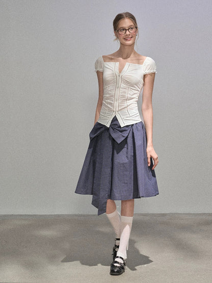 "Narrative Style" French-style white lightweight off-the-shoulder puff sleeve waist-cinching blouse for women, summer V-neck slim fit.