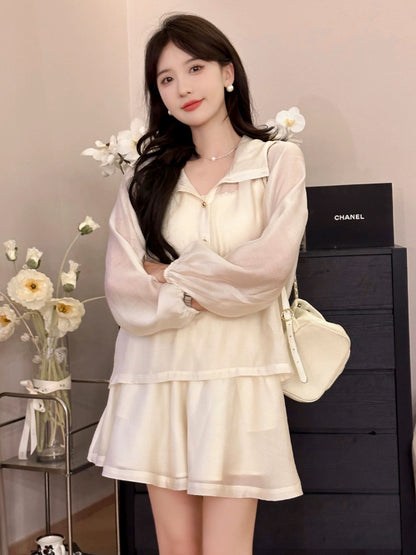 A Roast Goose [Memoir] White Chiffon Casual Versatile Suit for Women Summer 2024 Lazy Two-piece Set
