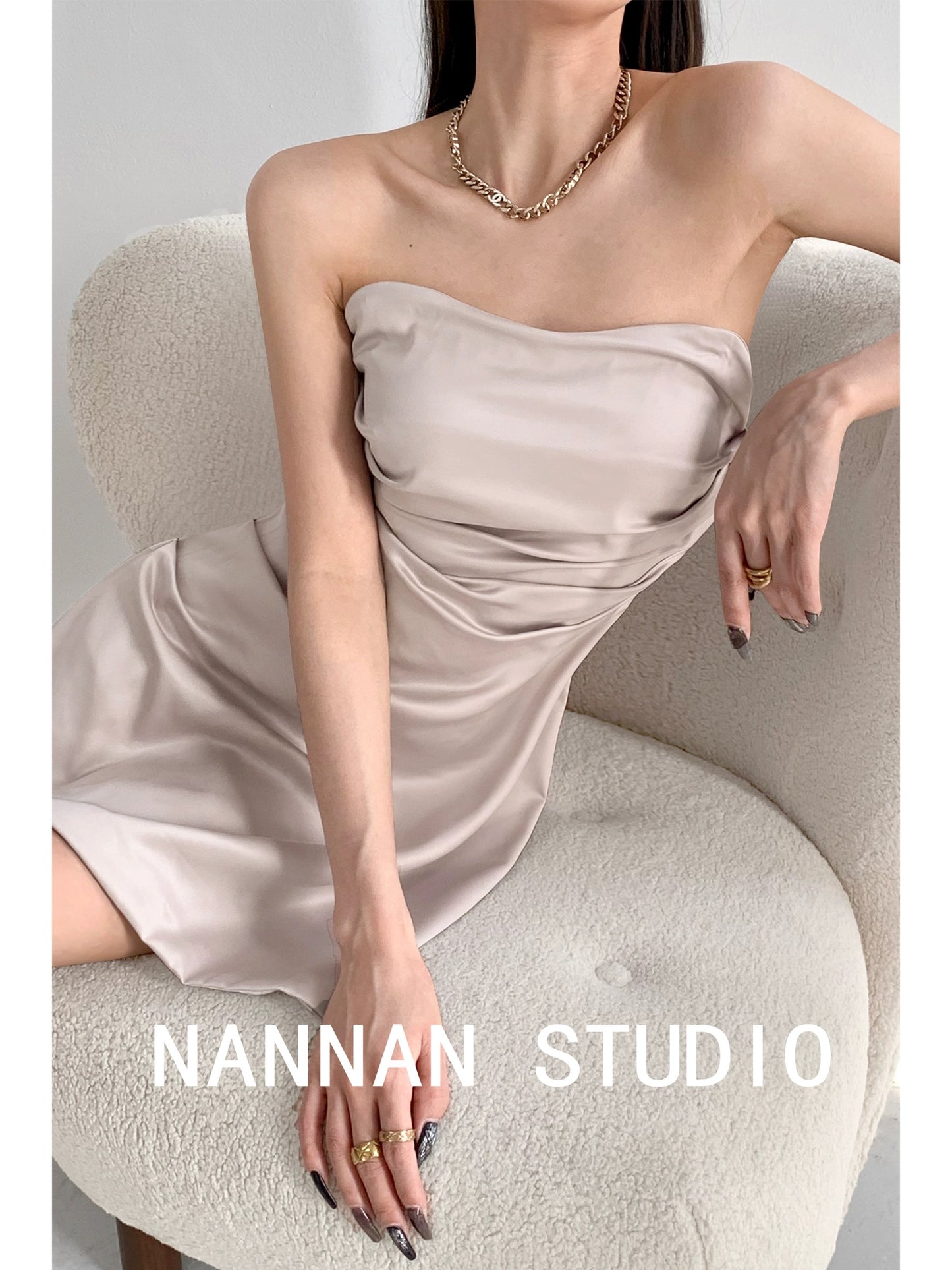 American Sweet Bean Sexy Pleated Waist Dress Summer Wrapped Breast Style Pure Desire One-shoulder Satin Tube Top Trendy Skirt