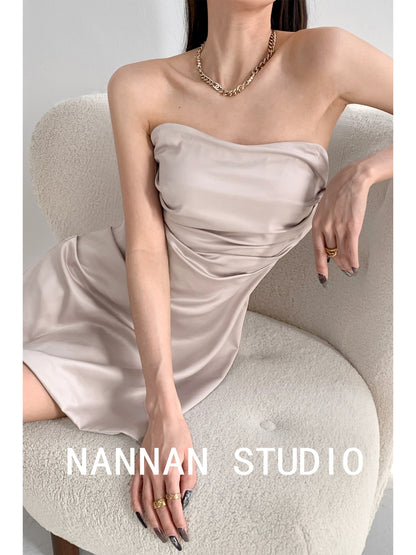 American Sweet Bean Sexy Pleated Waist Dress Summer Wrapped Breast Style Pure Desire One-shoulder Satin Tube Top Trendy Skirt