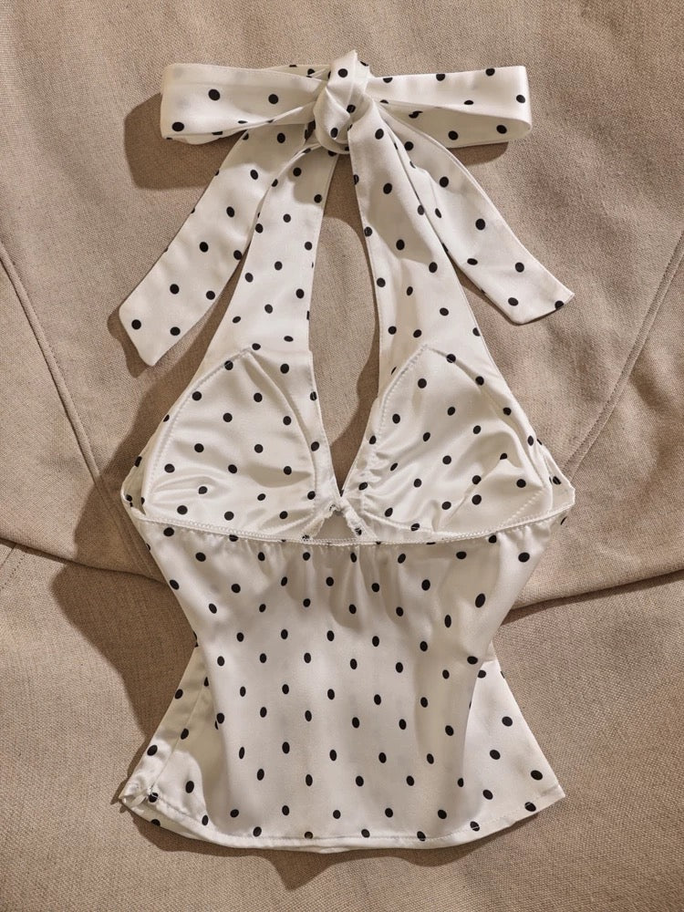 Pure desire style hot girl polka dot halter neck camisole vest for women to wear inside and outside design niche waist sleeveless top trend