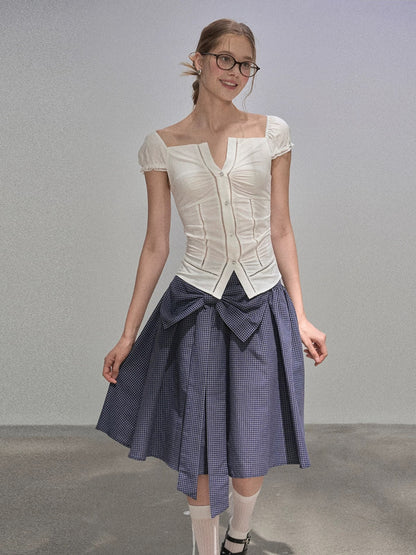 "Narrative Style" French-style white lightweight off-the-shoulder puff sleeve waist-cinching blouse for women, summer V-neck slim fit.