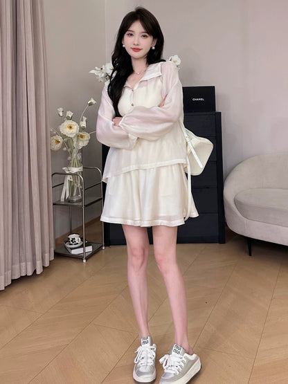 A Roast Goose [Memoir] White Chiffon Casual Versatile Suit for Women Summer 2024 Lazy Two-piece Set