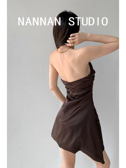 American Sweet Bean Sexy Pleated Waist Dress Summer Wrapped Breast Style Pure Desire One-shoulder Satin Tube Top Trendy Skirt