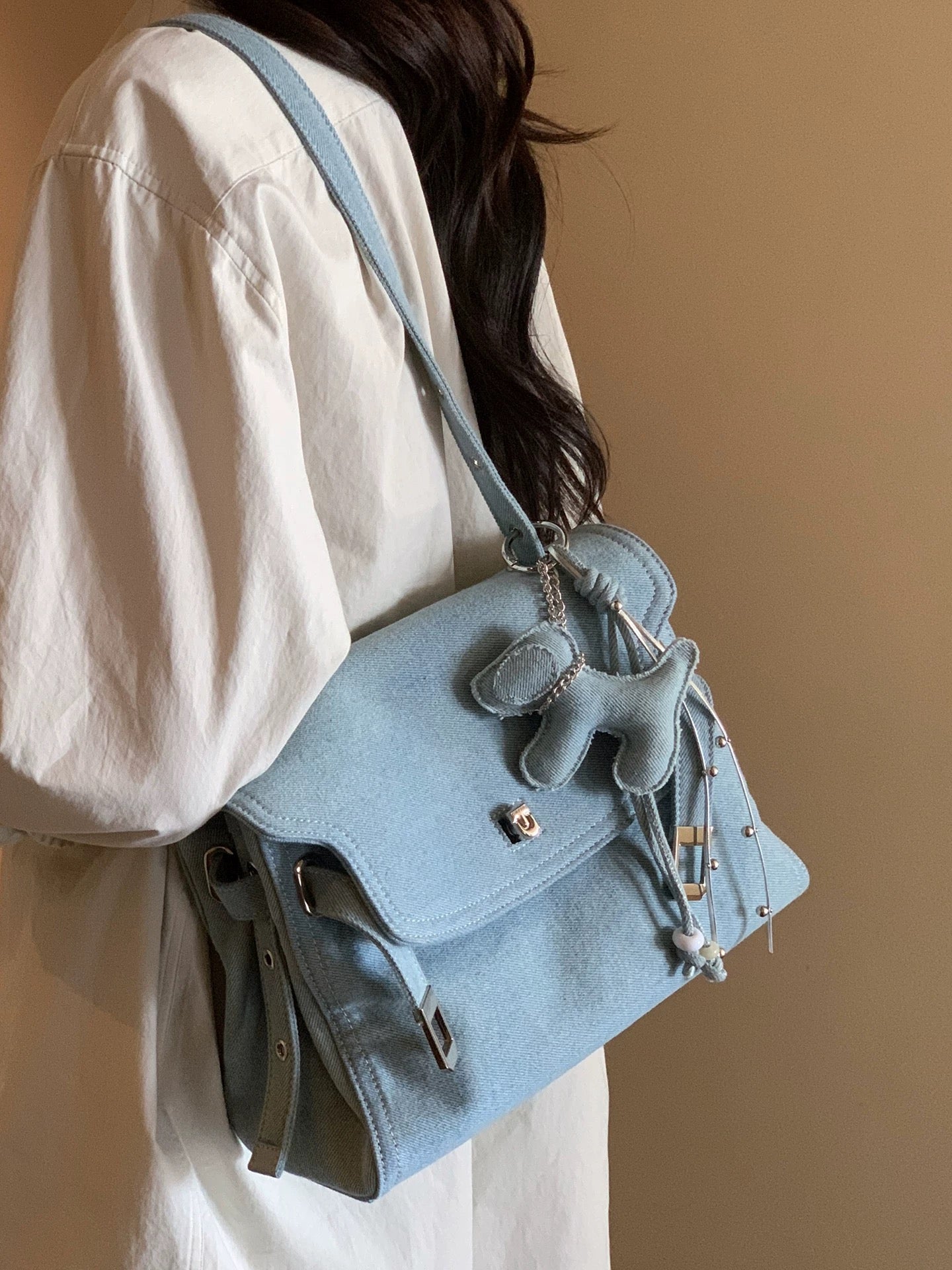 Chio2nd Denim Tote Bag for Women, Vintage Washed Denim Blue, Shoulder Bag, Crossbody Bag for Commuters