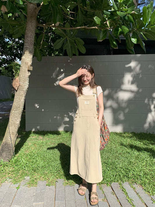 Hello Canon Stitched Decorative Label Denim Suspender Skirt Women's Summer 2024 New Waist Slim Long Dress