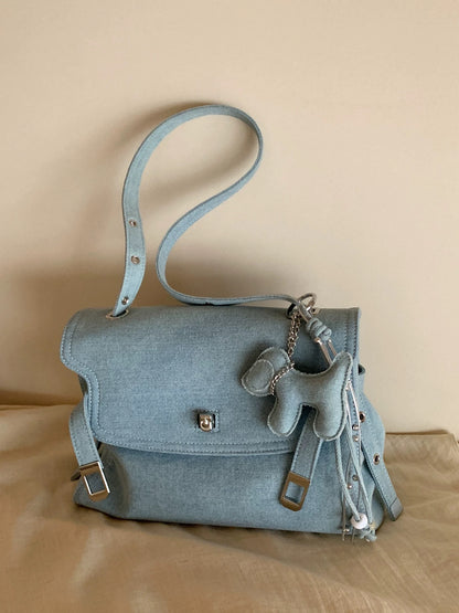 Chio2nd Denim Tote Bag for Women, Vintage Washed Denim Blue, Shoulder Bag, Crossbody Bag for Commuters