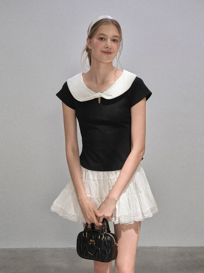 "Narrative Realm" Color Block Slim Fit Peter Pan Collar Short Sleeve T-Shirt Women's Summer New Style Slim Fit Short Shoulder Top