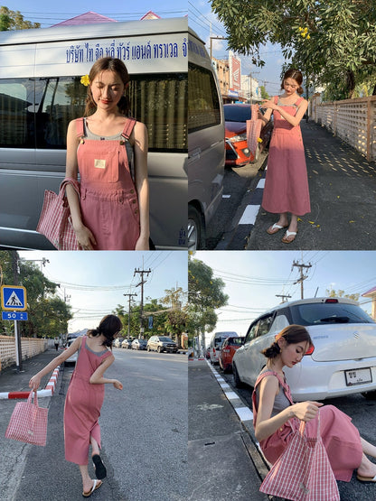Hello Canon Stitched Decorative Label Denim Suspender Skirt Women's Summer 2024 New Waist Slim Long Dress
