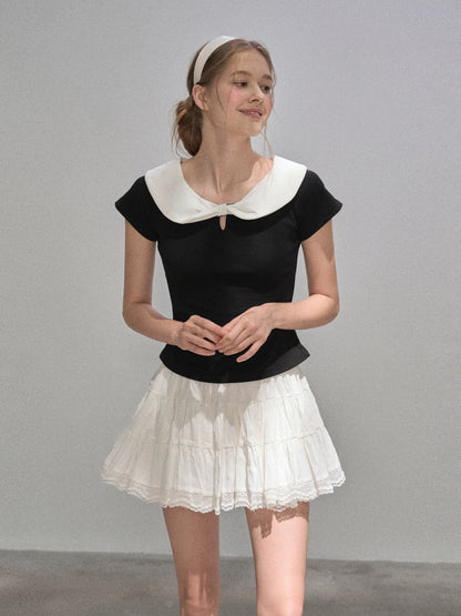 "Narrative Realm" Color Block Slim Fit Peter Pan Collar Short Sleeve T-Shirt Women's Summer New Style Slim Fit Short Shoulder Top