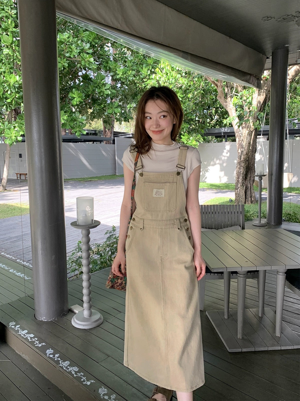 Hello Canon Stitched Decorative Label Denim Suspender Skirt Women's Summer 2024 New Waist Slim Long Dress