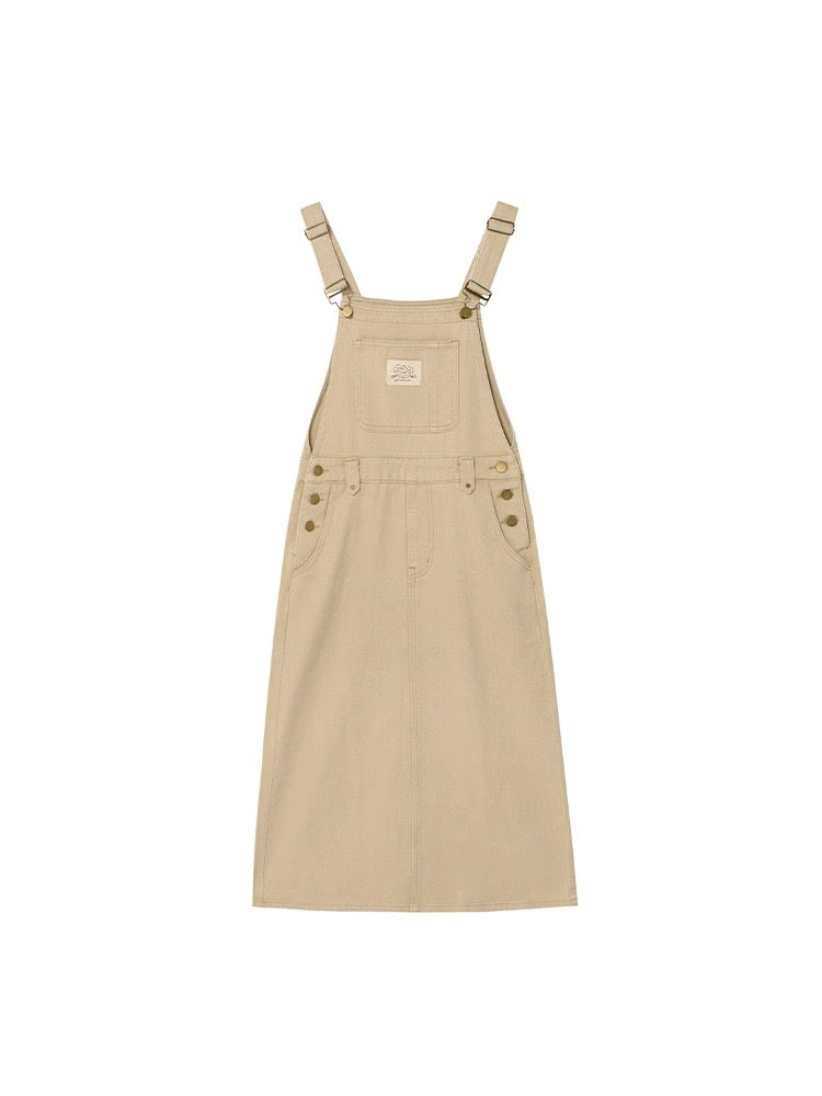 Hello Canon Stitched Decorative Label Denim Suspender Skirt Women's Summer 2024 New Waist Slim Long Dress