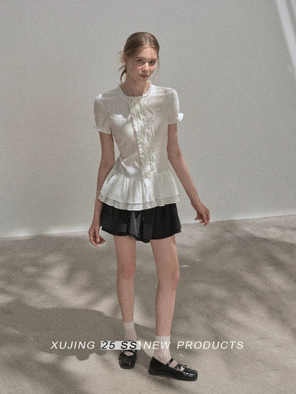 "Narrative Realm" French-style white design short-sleeved shirt with ruffled trim, summer fitted waist and puff detailing.