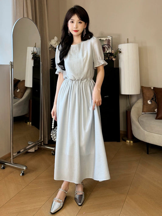 A Roast Goose [Sugar Water Diary] Blue Chiffon Acetate Round Neck Dress for Women 2024 Summer Slimming Waist