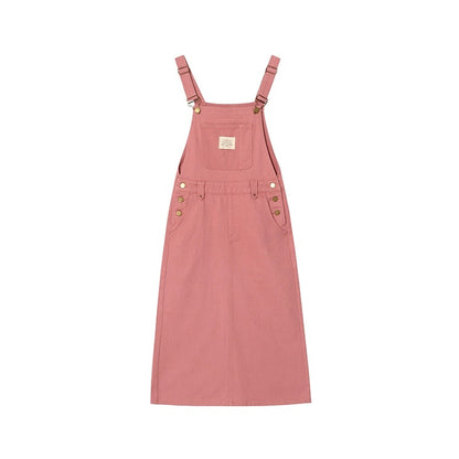Hello Canon Stitched Decorative Label Denim Suspender Skirt Women's Summer 2024 New Waist Slim Long Dress