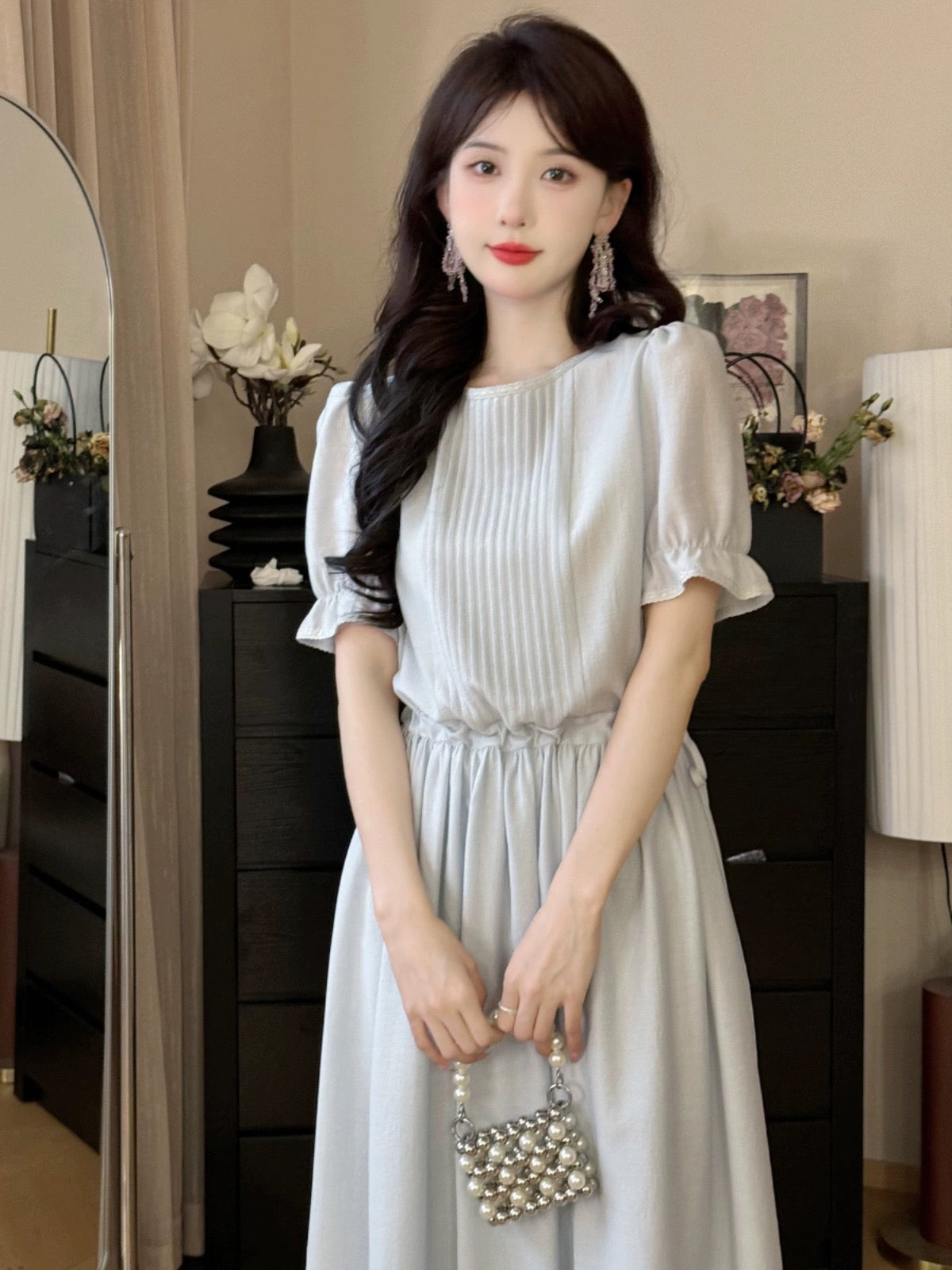 A Roast Goose [Sugar Water Diary] Blue Chiffon Acetate Round Neck Dress for Women 2024 Summer Slimming Waist