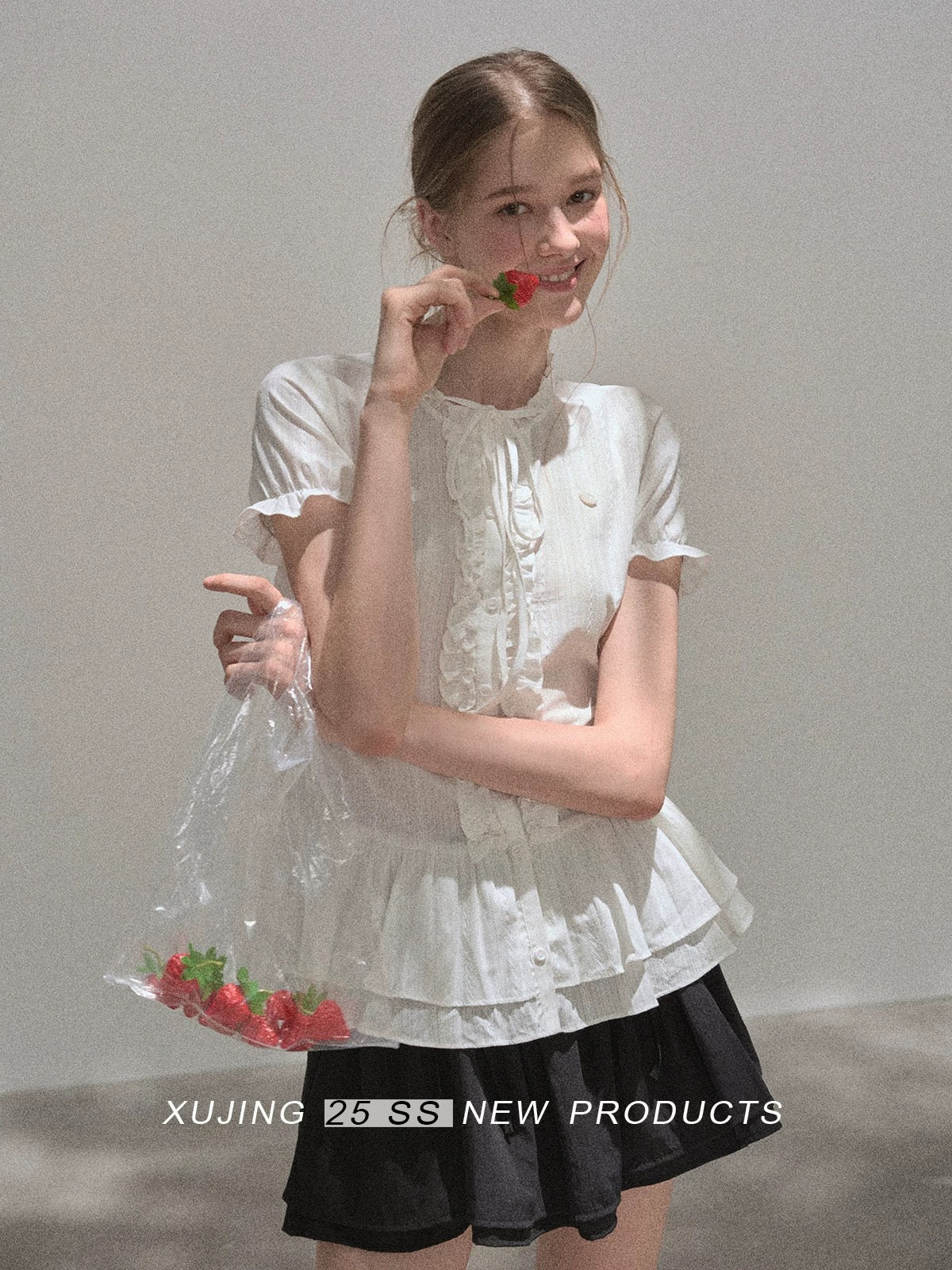 "Narrative Realm" French-style white design short-sleeved shirt with ruffled trim, summer fitted waist and puff detailing.