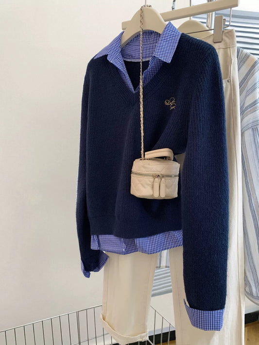 Blue Polo collar fake two-piece knitted sweater for women in early autumn, inner wear base sweater lapel pullover top