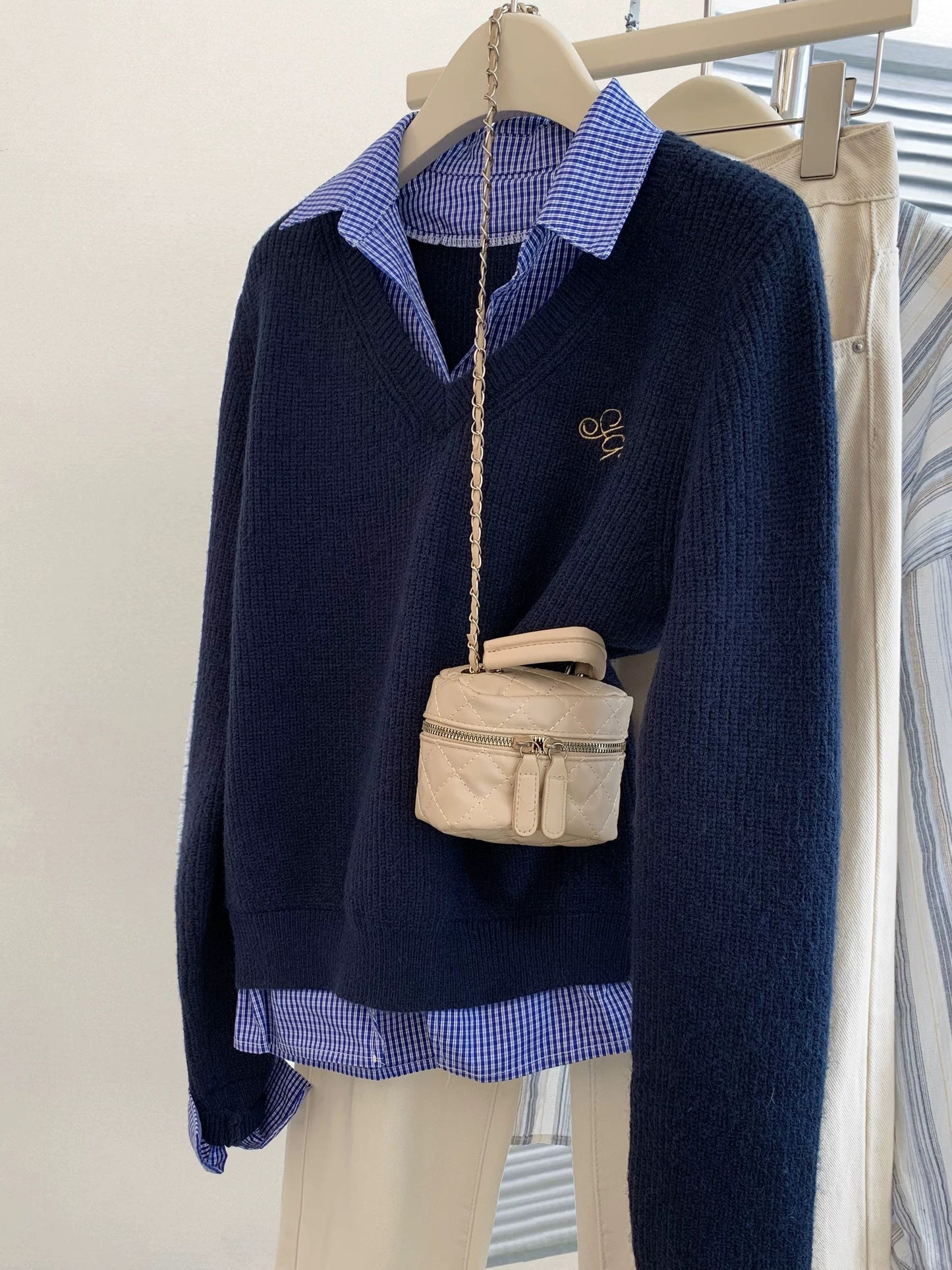 Blue Polo collar fake two-piece knitted sweater for women in early autumn, inner wear base sweater lapel pullover top
