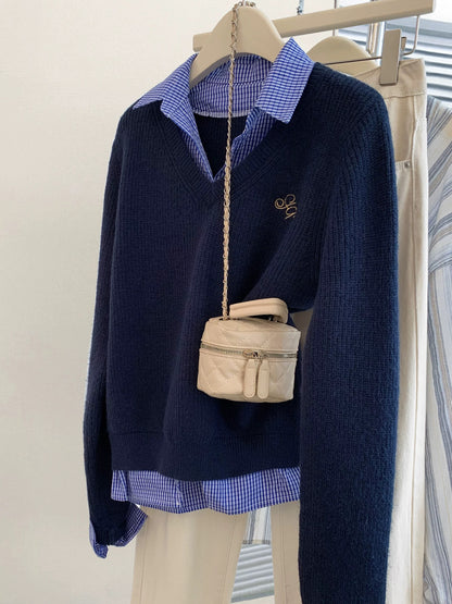 Blue Polo collar fake two-piece knitted sweater for women in early autumn, inner wear base sweater lapel pullover top