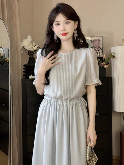 A Roast Goose [Sugar Water Diary] Blue Chiffon Acetate Round Neck Dress for Women 2024 Summer Slimming Waist