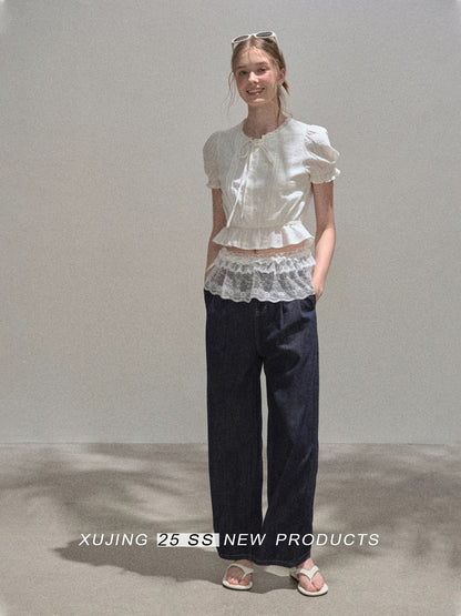 "Narrative Realm" White Short-Sleeved Shirt with Ruffled Trim - New Summer 2025 Style - Beautiful Top