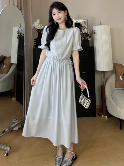 A Roast Goose [Sugar Water Diary] Blue Chiffon Acetate Round Neck Dress for Women 2024 Summer Slimming Waist