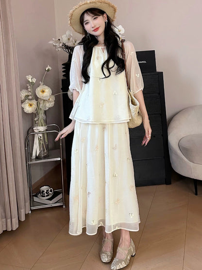A Roast Goose [Oil Painting Exhibition] Round Neck Lace-up Chiffon Shirt and Skirt Suit Two-piece Women's 2024 Summer
