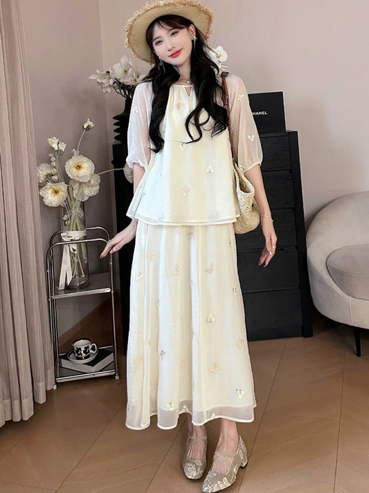 A Roast Goose [Oil Painting Exhibition] Round Neck Lace-up Chiffon Shirt and Skirt Suit Two-piece Women's 2024 Summer