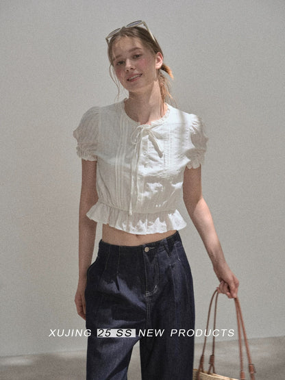 "Narrative Realm" White Short-Sleeved Shirt with Ruffled Trim - New Summer 2025 Style - Beautiful Top