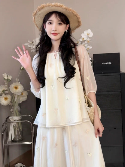 A Roast Goose [Oil Painting Exhibition] Round Neck Lace-up Chiffon Shirt and Skirt Suit Two-piece Women's 2024 Summer