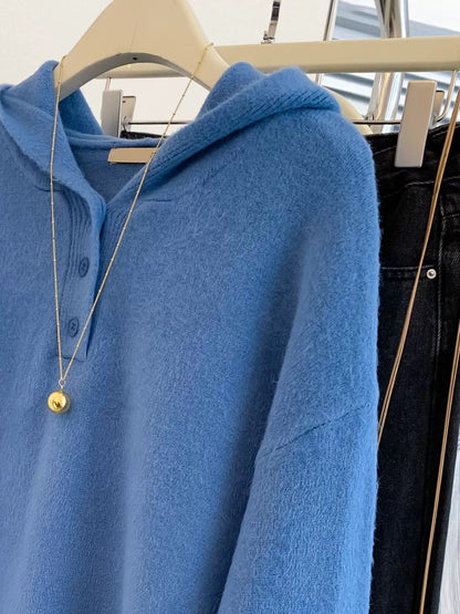 Blue straight shoulder hooded pullover knitted sweater for women 2025 early autumn with hood loose lazy high-end tops for outer wear