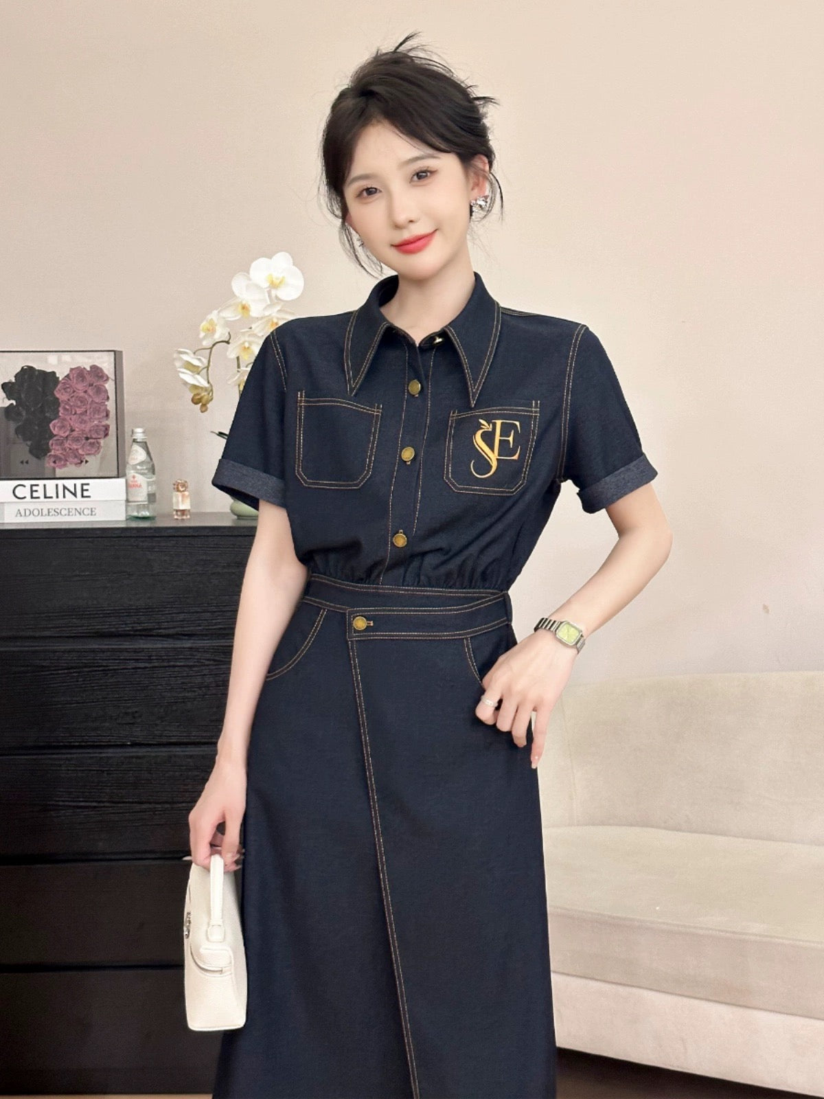 A roasted goose exquisite special denim lapel dress for women summer temperament roasted goose house women's dress
