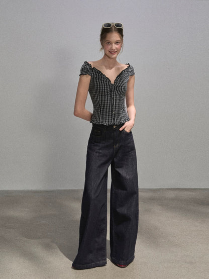 "Narrative Realm" Black Plaid V-Neck Off-Shoulder Shirt for Women, 2025 Summer, Short, Slim Fit, Flattering Top